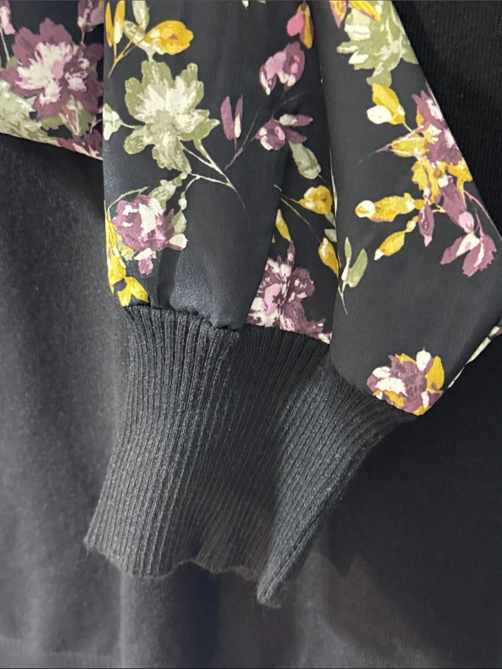 Emaline Black V-Neck Sweater with Floral Silky Puff Sleeves - Size Large